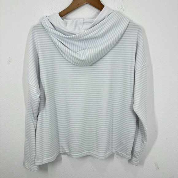 Rae Dunn Size Large Baby Blue White Striped Hooded Sweatshirt Good Vibes Camping - Picture 2 of 5